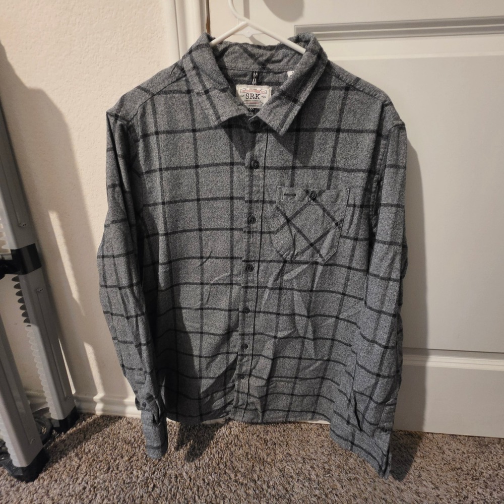 SRK Sunrise Kingdom Mens Large Grey Black Windowpane Plaid Button Down Shirt L - Picture 2 of 7